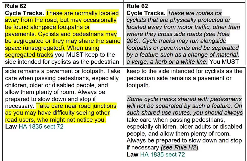 Rules for new cycle tracks on road