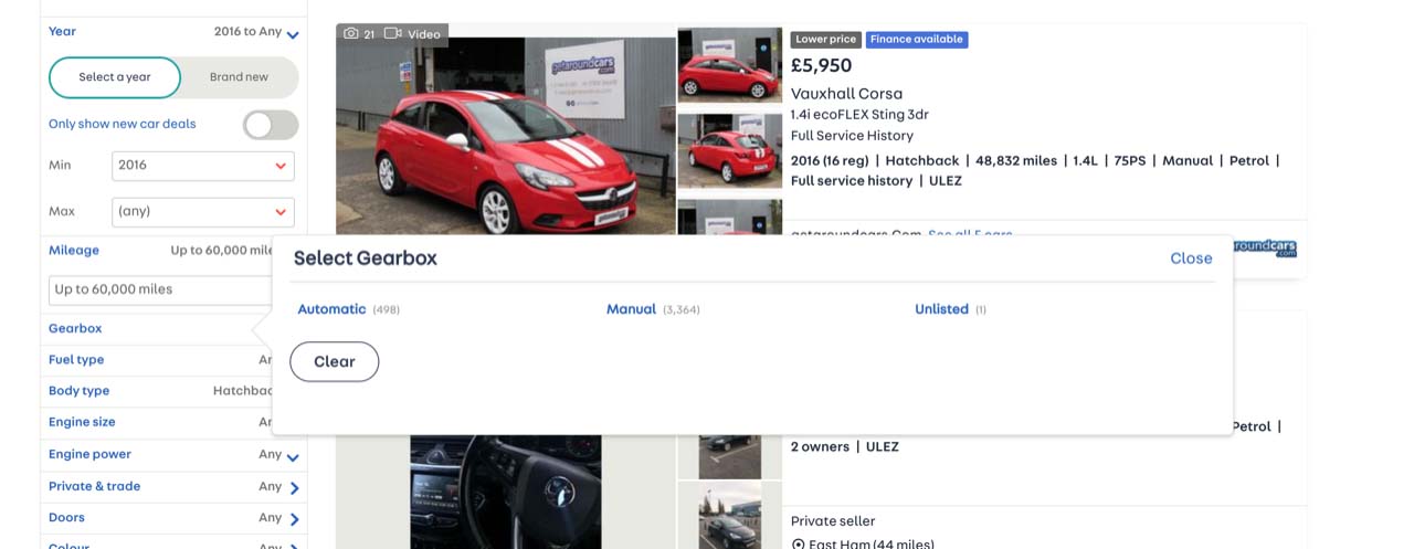 screenshot of car buying website, showing more manual cars available than automatic
