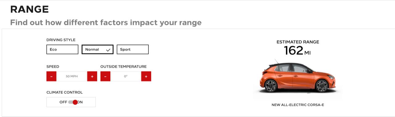 screenshot of the range of a new Vauxhall Corsa electric range