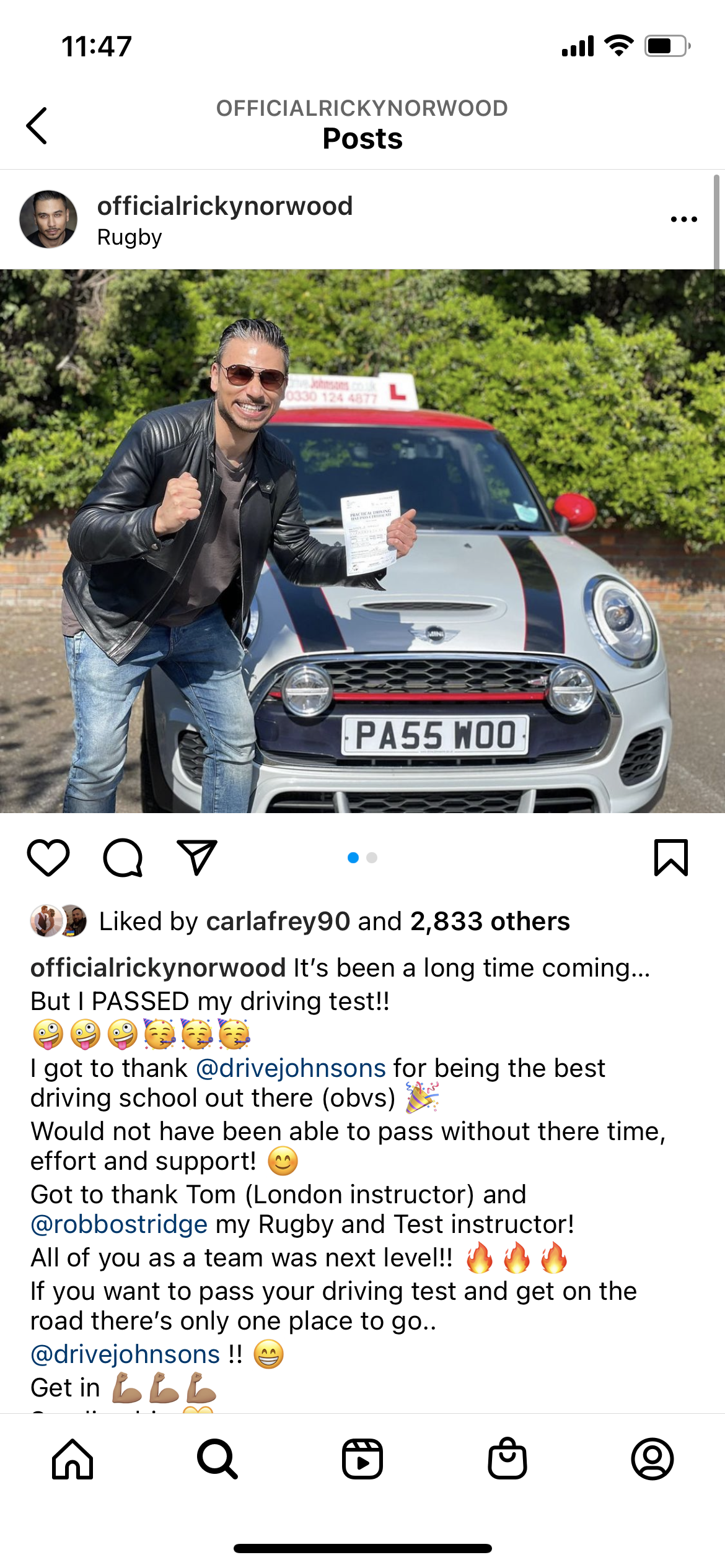 Ricky Norwood passes his driving test with driveJohnson's