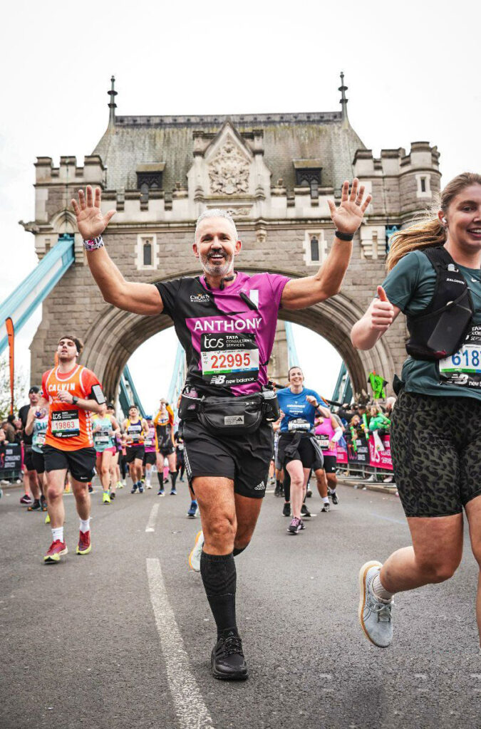 Anthony Johnson on Tower Bridge running the London Marathon