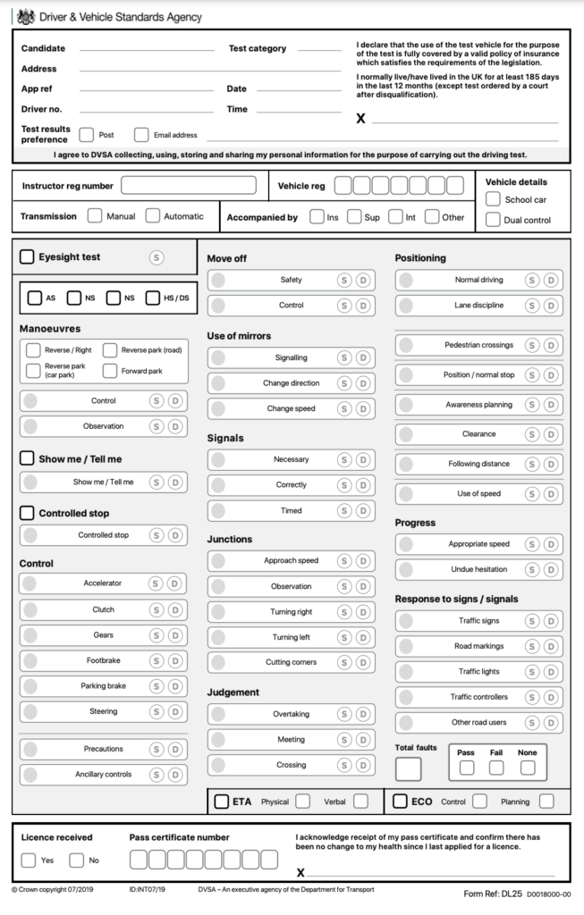 Driving test marking sheet
