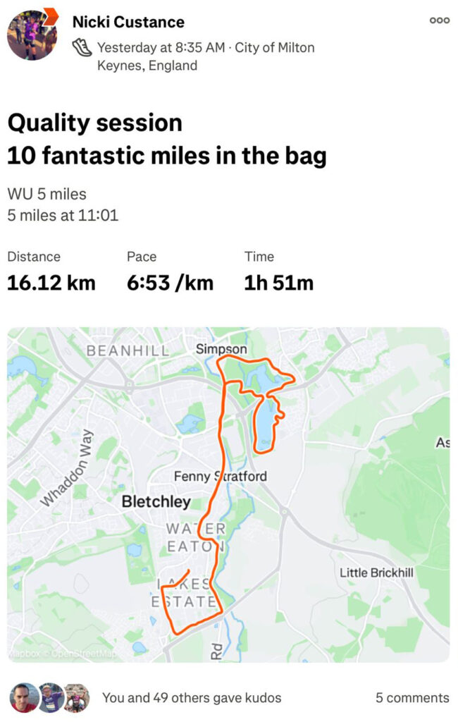 Screenshot of Strava from 10 mile run on 26th January 2025