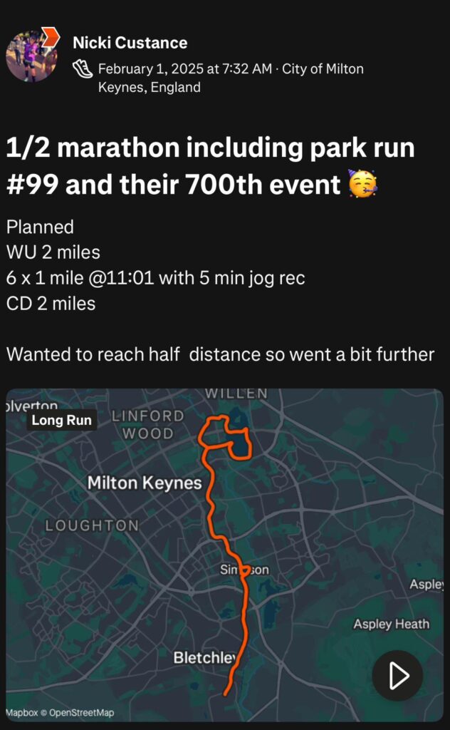 Strava screenshot of Nicki's half marathon on 1st February 2025
