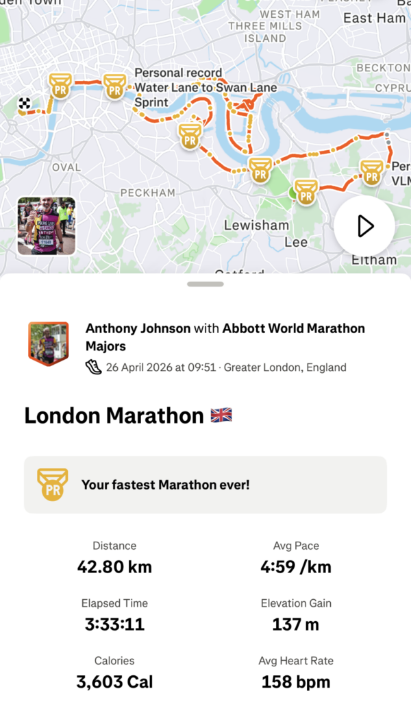 Screenshot of Anthony's London Marathon route and stats
