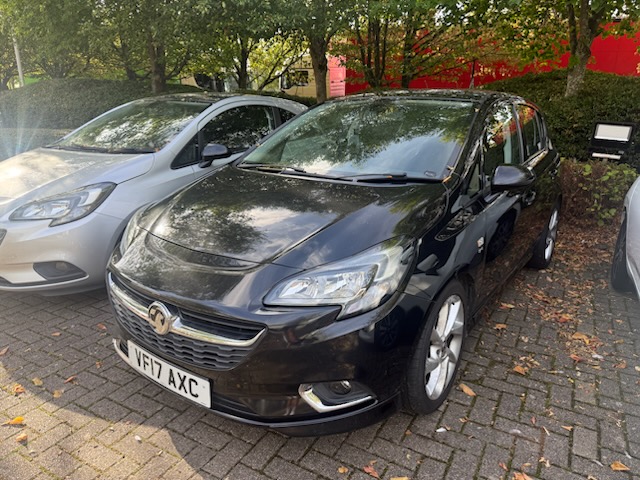 Front view of black Vauxhall Corsa Sri VX-line 1.4L petrol car with dual controls for driving instructors for sale