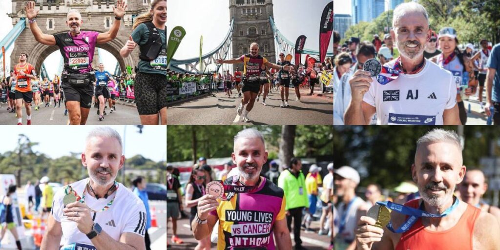 Collage of Anthony Johnson running Marathons, or holding up Marathon medals
