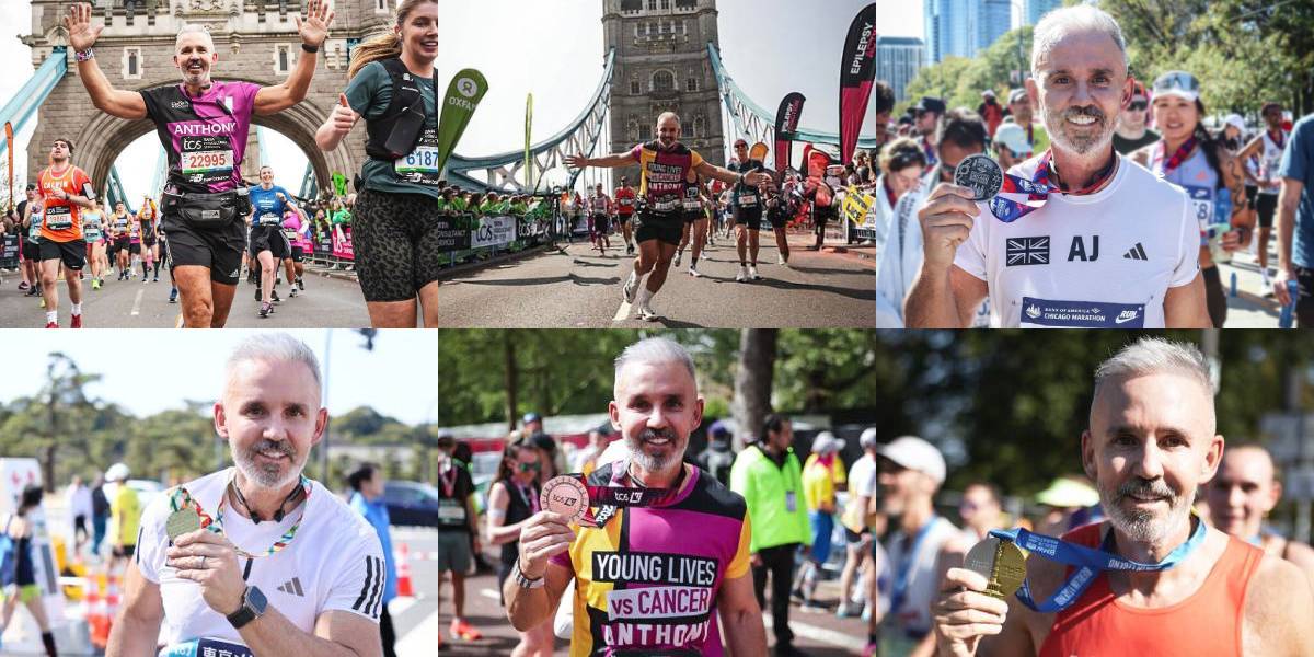 Collage of Anthony Johnson running marathons or holding up marathon medals
